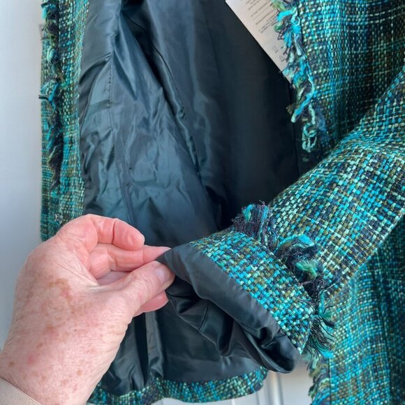 Dialogue Tweed Jacket 2 Pockets Front Closure Long Sleeve Fringe-Edged Teal W 10 - Picture 10 of 13